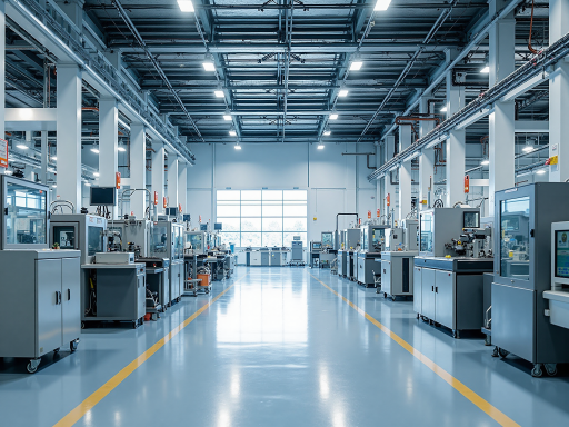 Modern manufacturing facility with advanced machinery and workers in safety gear, bright industrial lighting