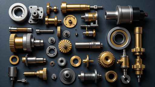 Various heavy machinery parts including gears, hydraulic cylinders, and metal components arranged on workshop table
