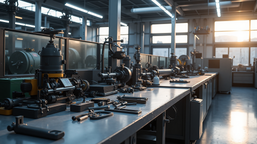 Hydraulic motors and gear pumps displayed on industrial workbench with technical tools