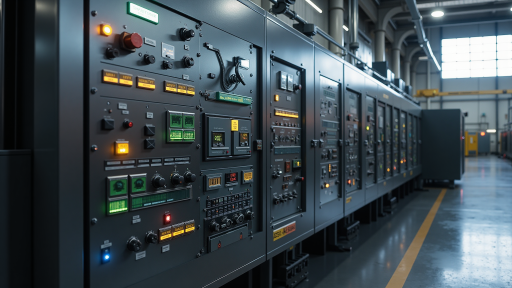Diesel generator unit with control panel and electrical connections in industrial setting